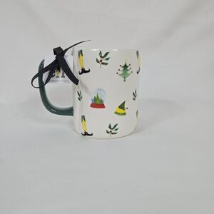 Rae Dunn Buddy The Elf Farhmouse Whimsical Christmas White Mug‎ Green Handle NEW